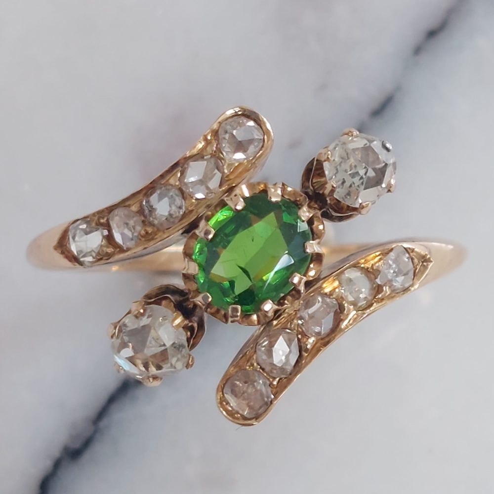Antique Edwardian Demantoid Garnet and Diamond Ring