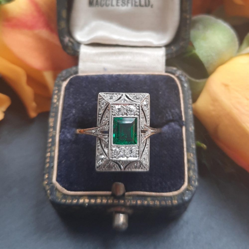 Antique Edwardian Emerald and Diamond Panel Ring