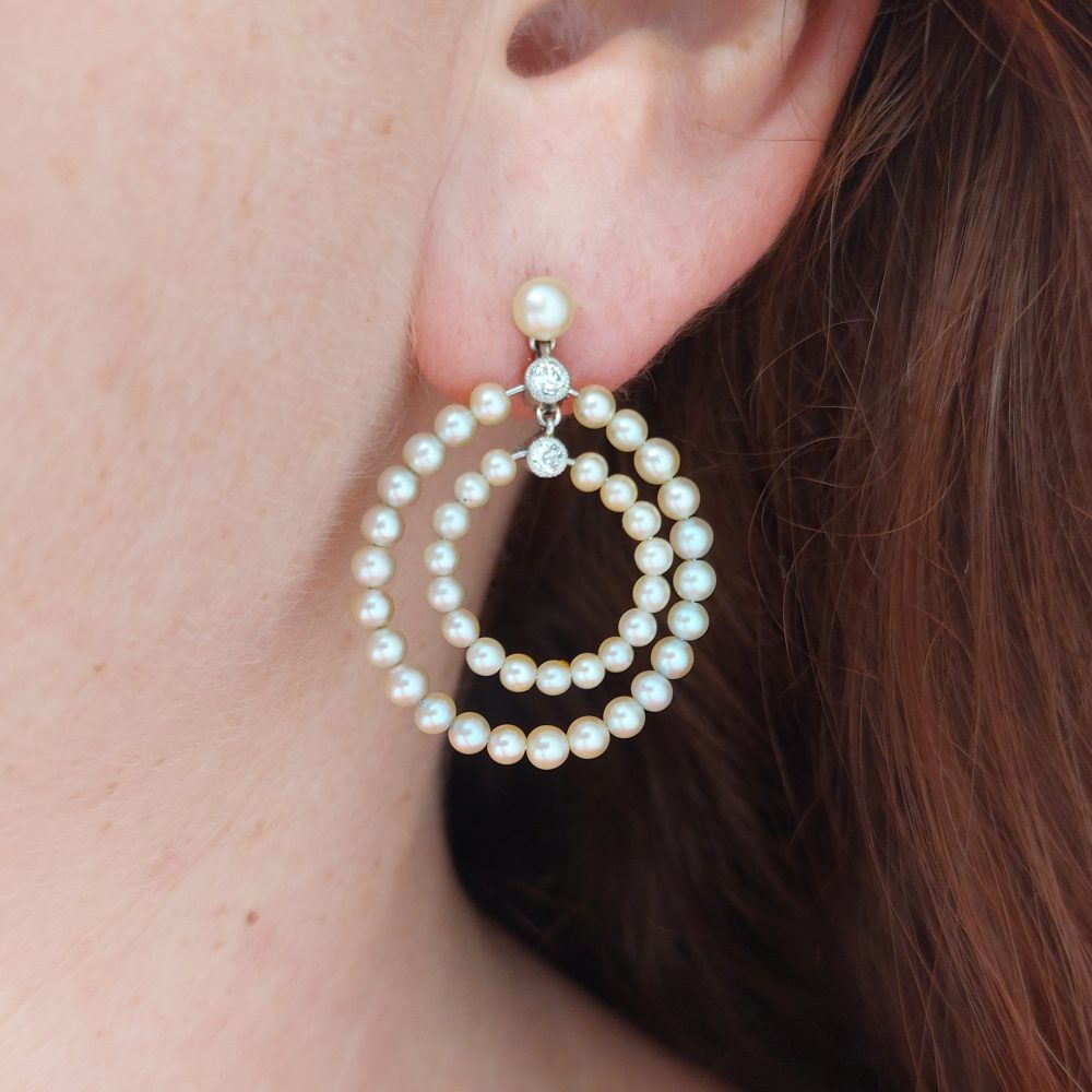 Antique Edwardian Natural Pearl and Diamond Hoop Earrings