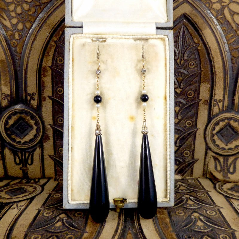 Antique Edwardian Onyx and Pearl Drop Earrings with Diamonds