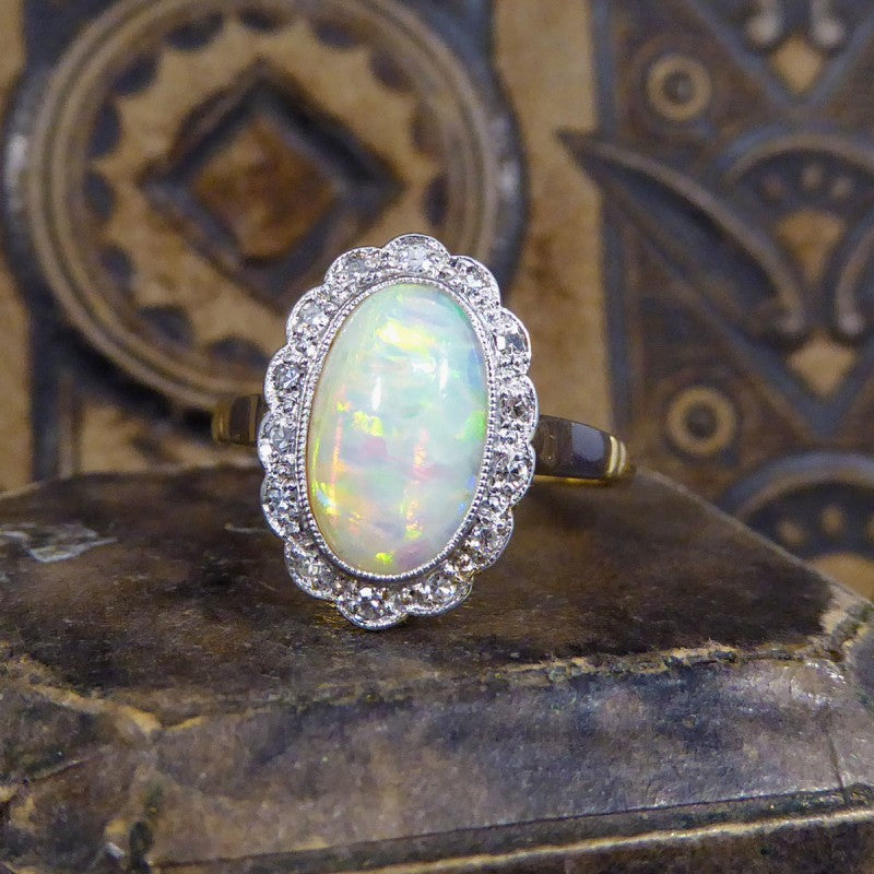 Antique Edwardian Opal and Diamond Cluster Ring