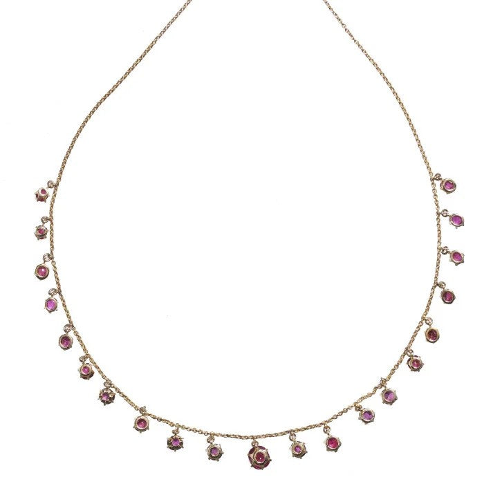 Antique Edwardian Cushion Cut Ruby and Gold Fringe Necklace