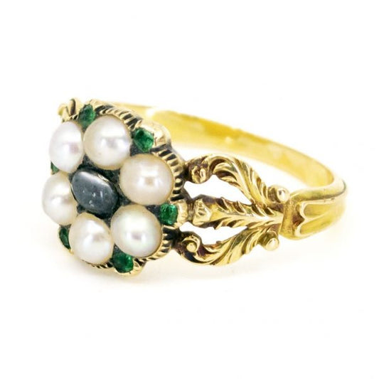 Antique Emerald, Moonstone and Pearl Gold Ring