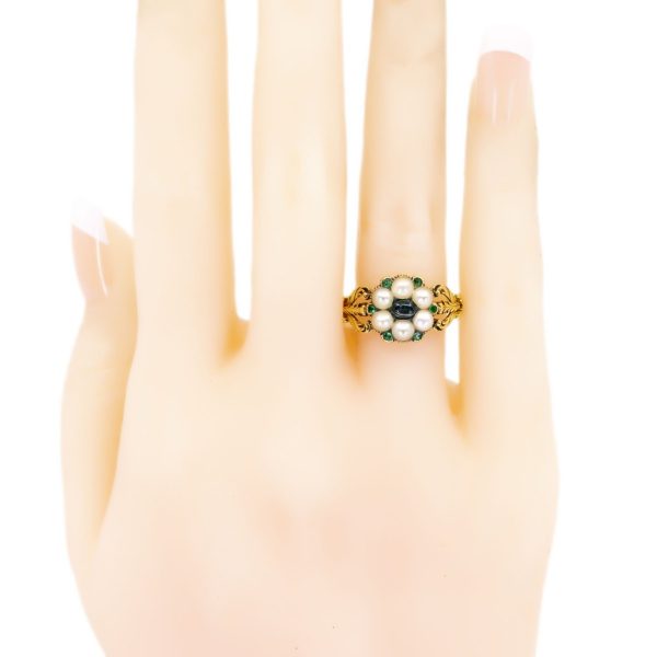 Victorian Gold, Emerald, Moonstone and Pearl Ornate Cluster Ring