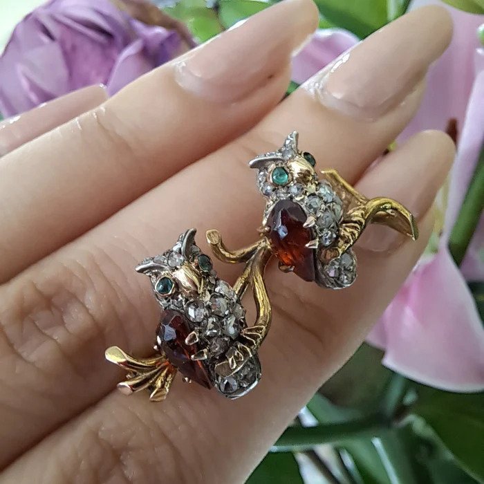 Antique French Diamond Double Owl Brooch with Hessonite Garnet and Emerald