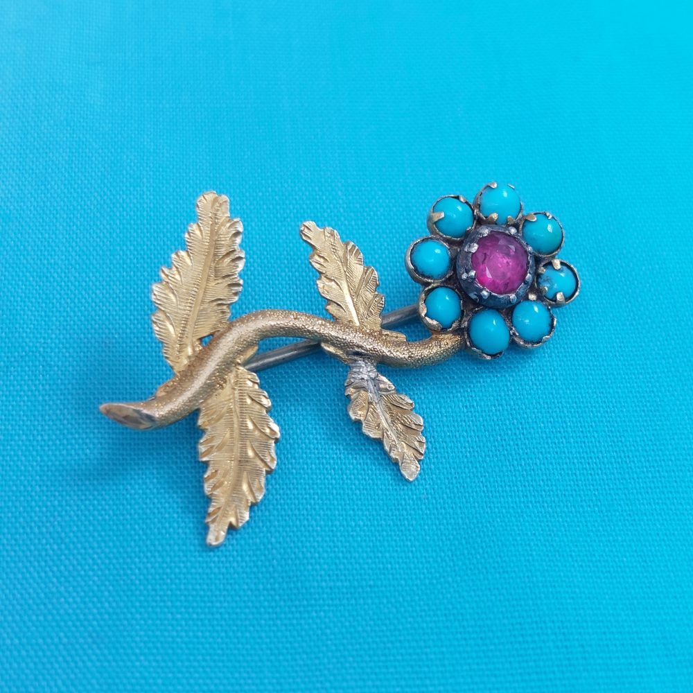 Antique Georgian Turquoise and Ruby Flower Brooch
