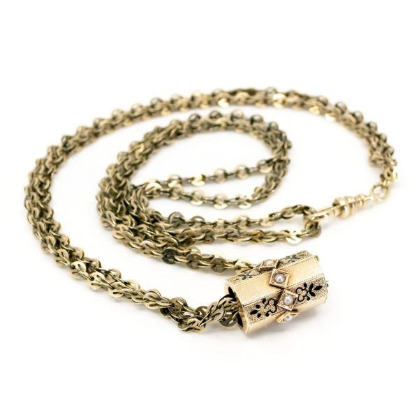 Antique Gold Enamel and Pearl Chain Necklace