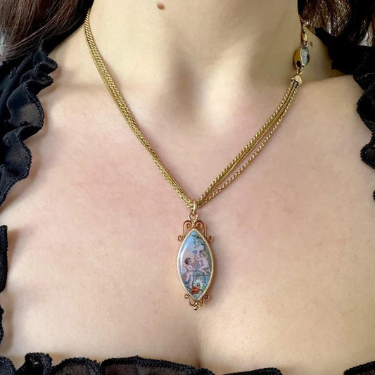 Late Victorian Antique Gold and Enamel Navette Locket Pendant Necklace in triple gold chain