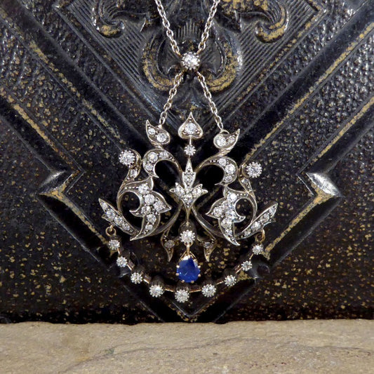 Antique Late Victorian Sapphire and Diamond Pendant Necklace