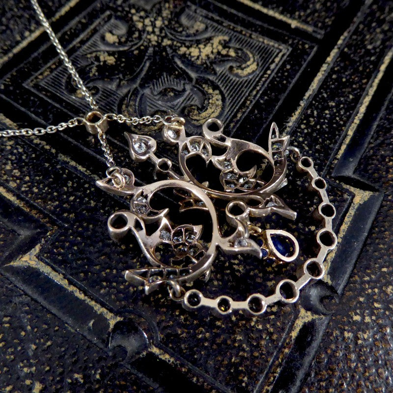 Antique Late Victorian Sapphire and Diamond Pendant Necklace