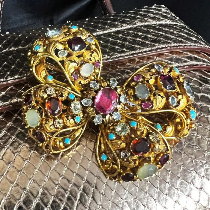 Antique Multi Gemstone Set 18ct Yellow Gold Bow Brooch Circa 1860 1870