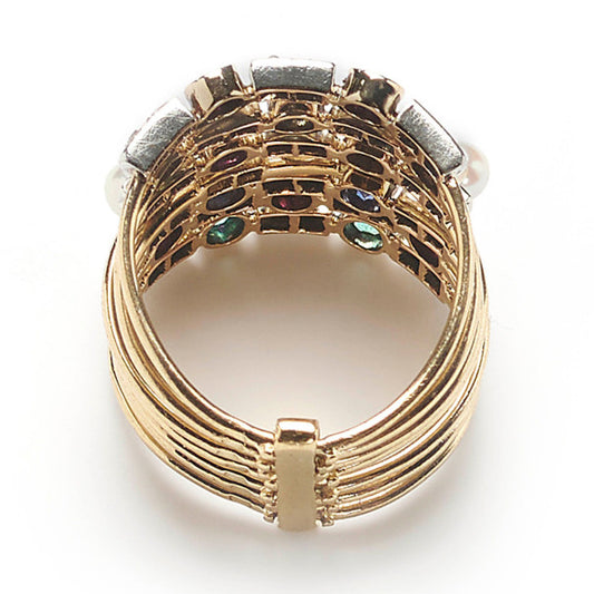 Antique Multi Gemstone Set Seven Row Harem Ring with amethyst peridot ruby pearl sapphire garnet emerald and diamond Circa 1880