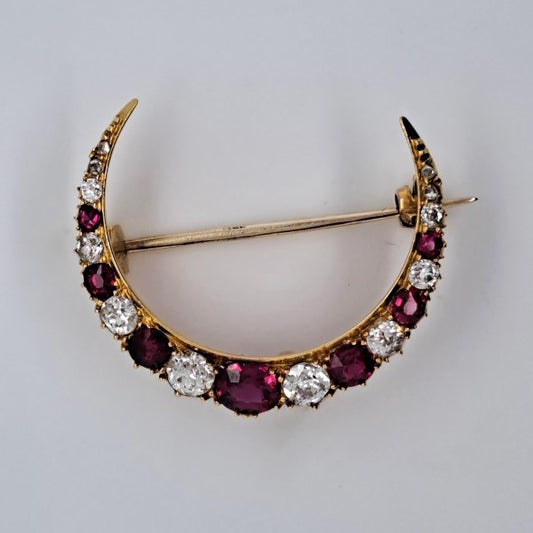 Victorian Antique Cushion Cut Ruby and Old Mine Cut Diamond Crescent Moon Brooch