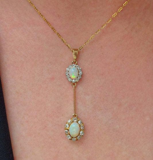 Antique Opal and Diamond Double Cluster Drop Pendant Necklace