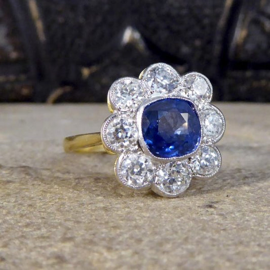 Antique Style 1.40ct Sapphire and 1.35ct Diamond Cluster Ring