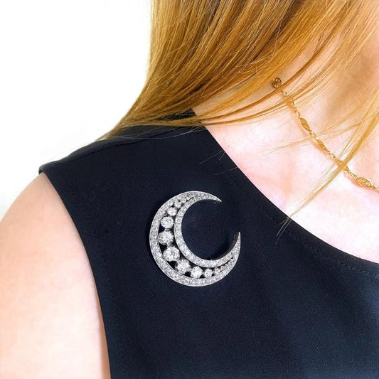 Antique Victorian Old Cut Diamond Crescent Moon Brooch, 8.55 carat total