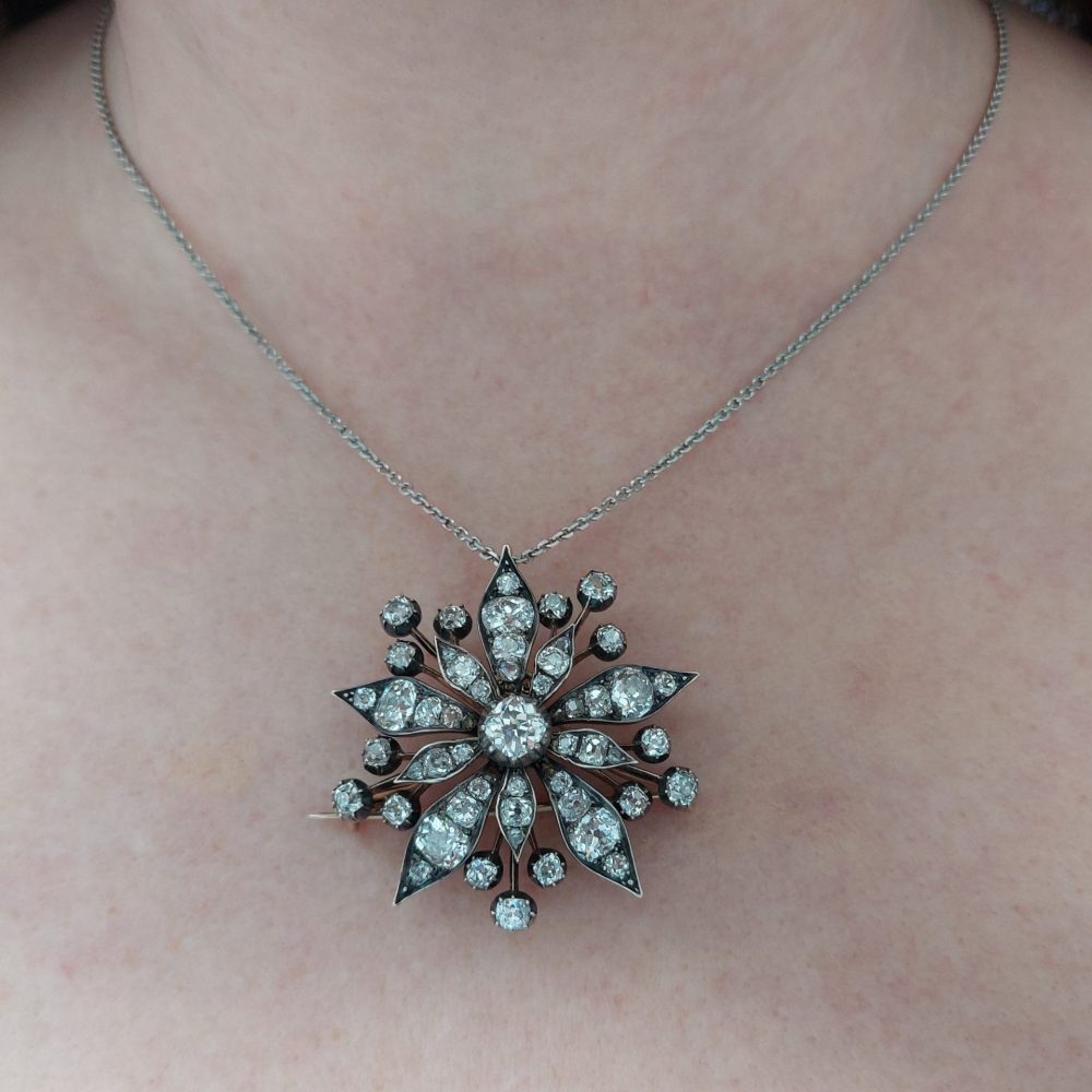 Antique Victorian 9ct Old Cut Diamond Floral Pendant Brooch