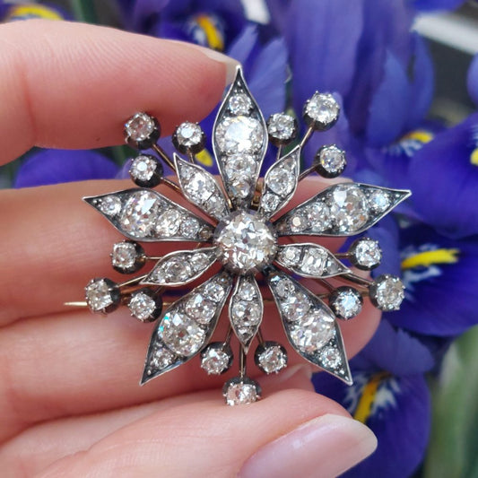 Antique Victorian 9ct Old Cut Diamond Floral Pendant Brooch