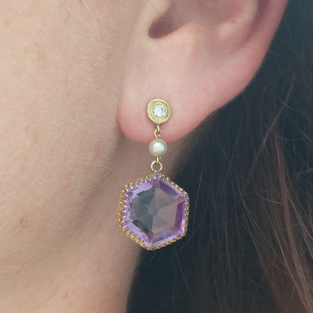 Antique Victorian Amethyst Pearl and Diamond Drop Earrings