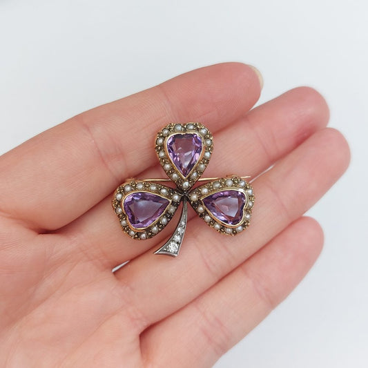 Antique Victorian Amethyst Shamrock Brooch
