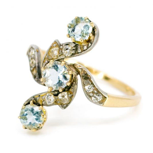 Antique Victorian Aquamarine and Old Cut Diamond Ring