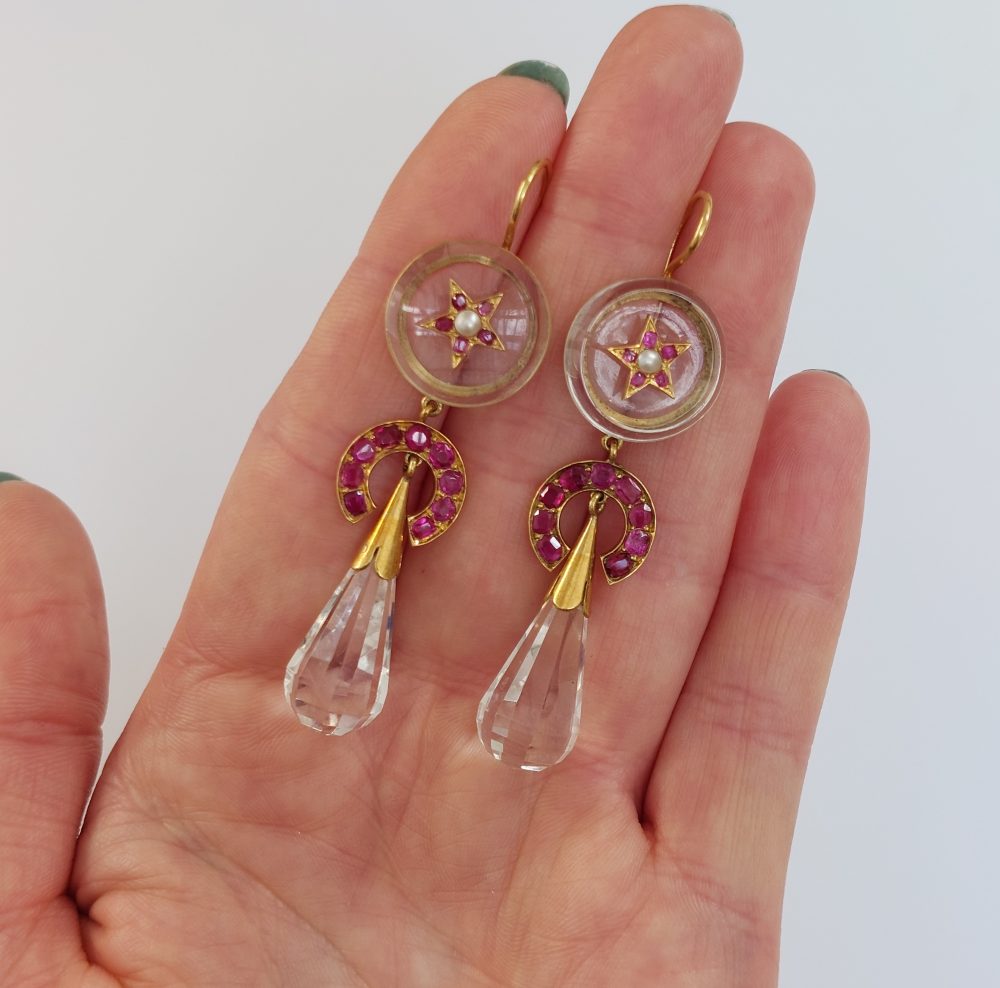 Antique Victorian Burmese Ruby and Rock Crystal Earrings