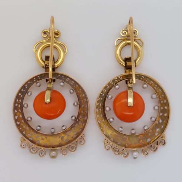 Antique Victorian Coral and Pearl Drop Earrings