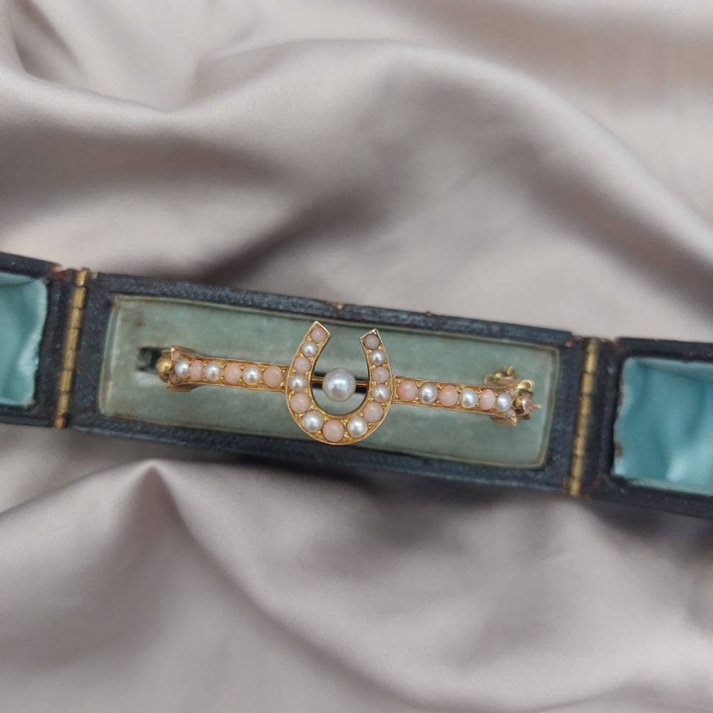 Antique Victorian Coral and Pearl Horseshoe Bangle Bracelet