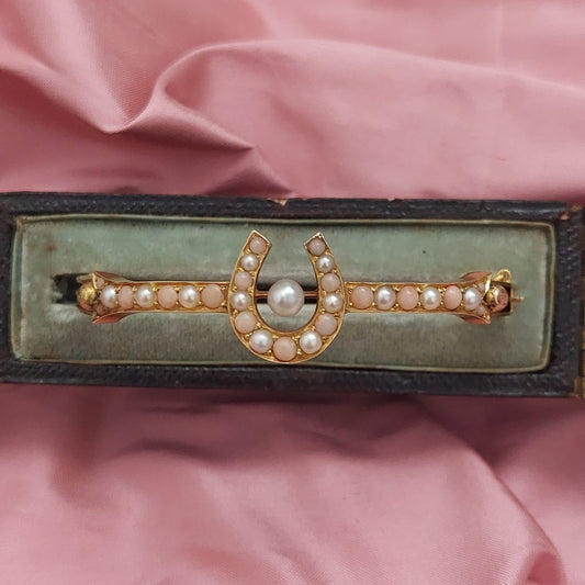 Antique Victorian Coral and Pearl Horseshoe Bangle Bracelet