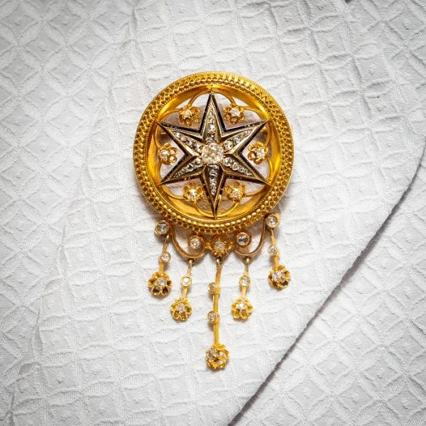 Antique Victorian Diamond Gold Enamel Brooch & Earrings Suite