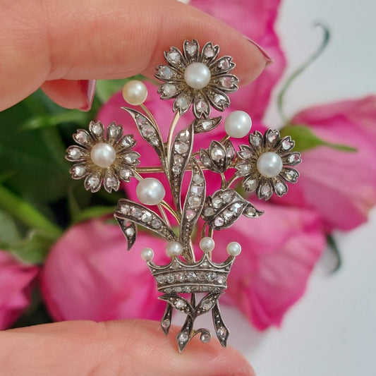 Antique Victorian Diamond and Pearl Floral Brooch