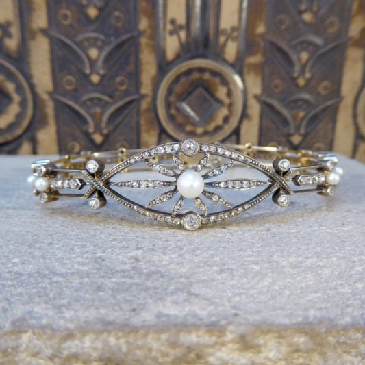 Antique Victorian Diamond and Pearl Panel Bracelet