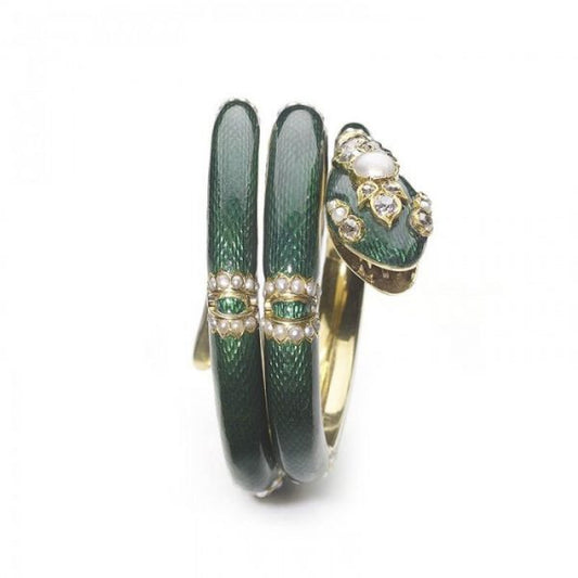Antique Victorian Green Enamel Diamond Snake Bangle Bracelet