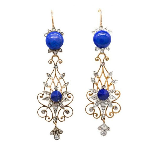 Antique Victorian Lapis Lazuli & Diamond Filigree Drop Earrings