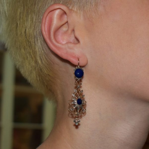 Antique Victorian Lapis Lazuli & Diamond Filigree Drop Earrings