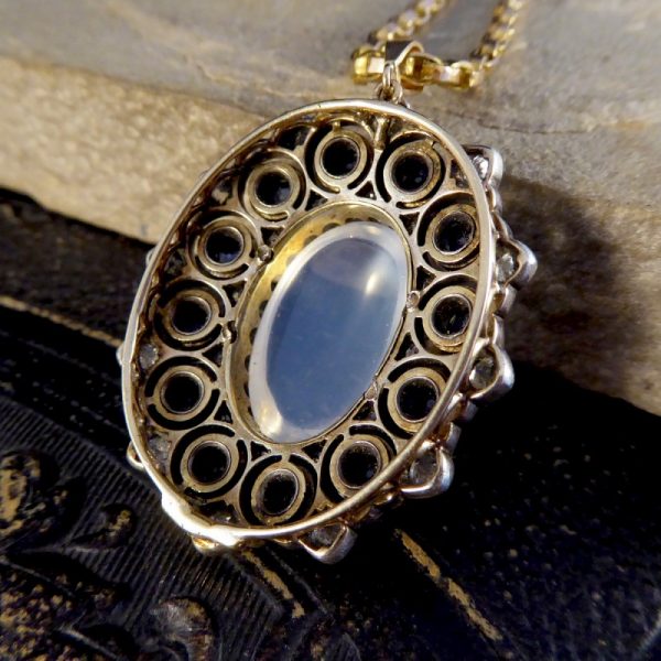 Antique Victorian Moonstone Sapphire & Diamond Pendant Necklace