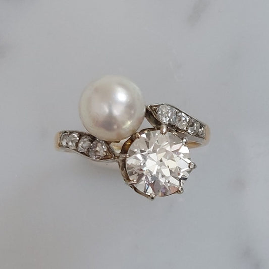 Antique Victorian Natural Pearl and 2ct Diamond Crossover Ring