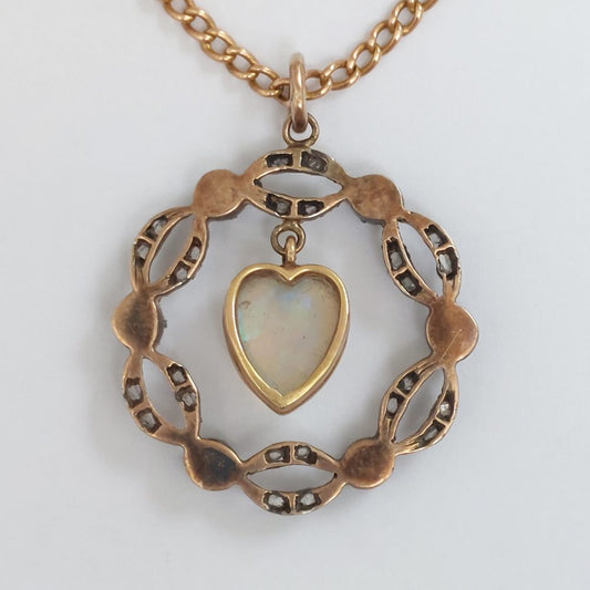 Antique Victorian Opal Heart Sapphire and Diamond Pendant