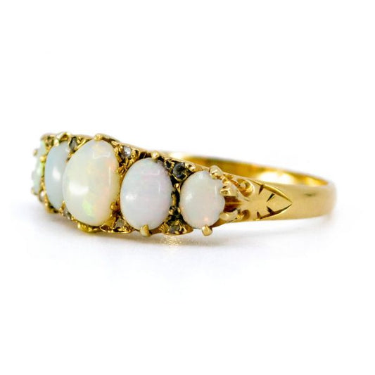 Antique Victorian Opal and Diamond Gold Carved Hoop Ring