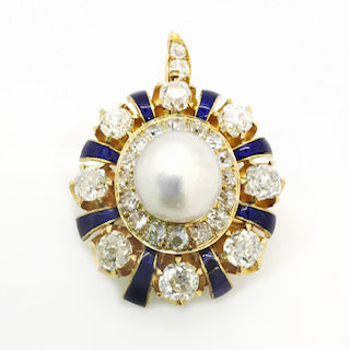 Antique Victorian Pearl Diamond Enamel Pendant