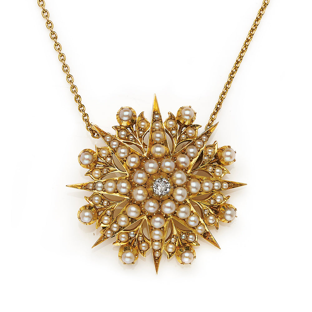 Antique Victorian Pearl and Diamond Brooch Pendant