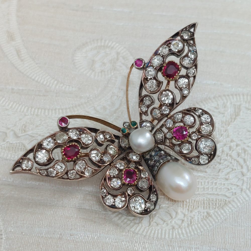 Antique Victorian Ruby Diamond and Pearl Butterfly Brooch