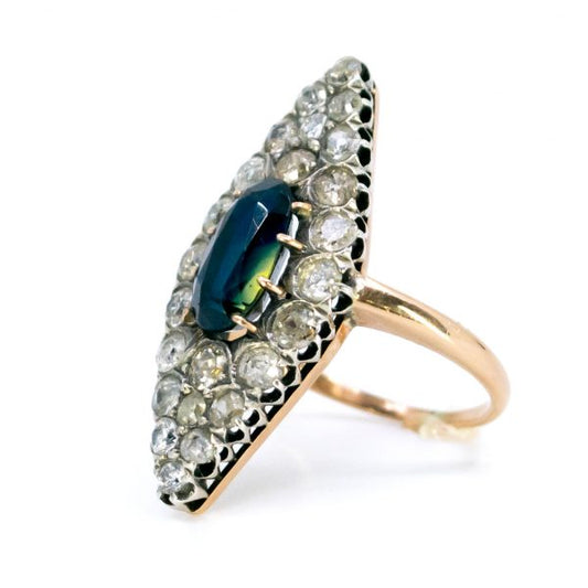 Antique Victorian Sapphire Old Mine Cut Diamond Navette Ring