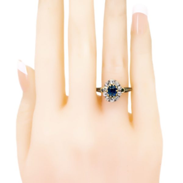 Antique Victorian Sapphire and Old Mine Cut Diamond Cluster Ring