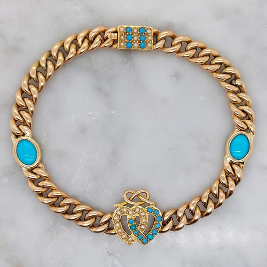 Antique Victorian Turquoise and Seed Pearl Heart Bracelet