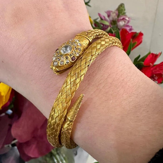 Antique Woven Gold Snake Bracelet with Diamond Head and Ruby Eyes