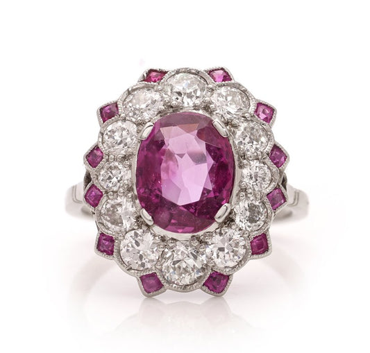 Antique Art Deco Edwardian ruby and diamond cluster ring large burma old cuts. Ruby and ruby surround anniversary ring UK