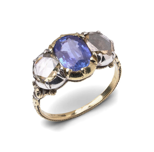 Antique Early Victorian 2 ct Ceylon Sapphire & Rose Cut Diamond Three-Stone Ring