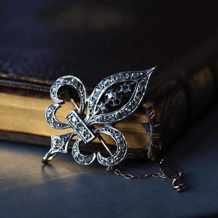 Antique French Fleur de Lys Diamond Brooch