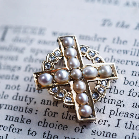 Victorian Antique Diamond and Pearl Cross Pendant come Brooch, Circa 1880